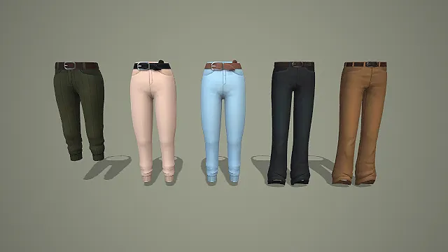 多色腰带束脚裤与亮面微喇裤五件套 3D 模型