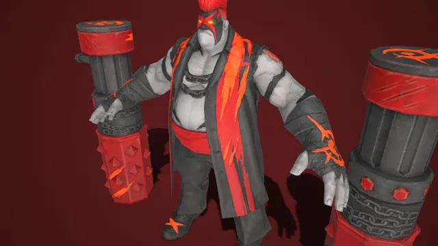 暗黑  反派角色  身形肥硕  肌肉感  红面邪纹  宽摆战服  焰纹装饰  尖刺武器  暴力破坏者