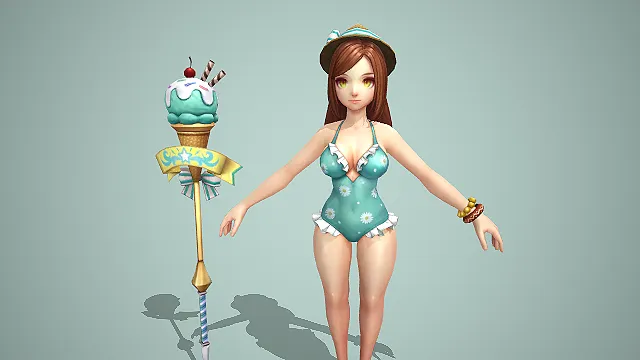 卡通写实风夏日泳装少女法师带冰淇淋法杖 3D 游戏角色模型
