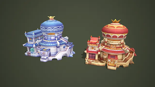 卡通风格红蓝双色异域圆顶工坊建筑套装游戏场景低模素材
