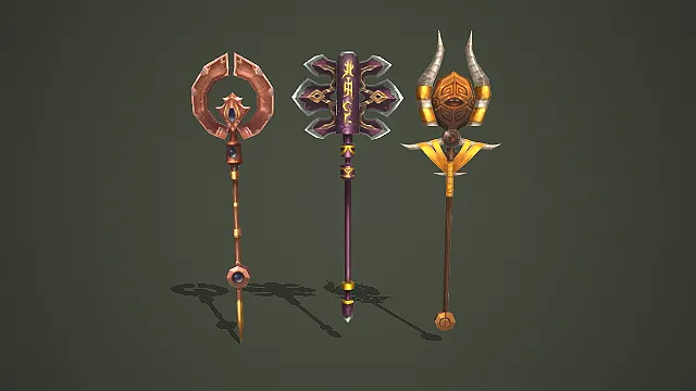 三款玄幻风格符文法杖武器道具组合模型