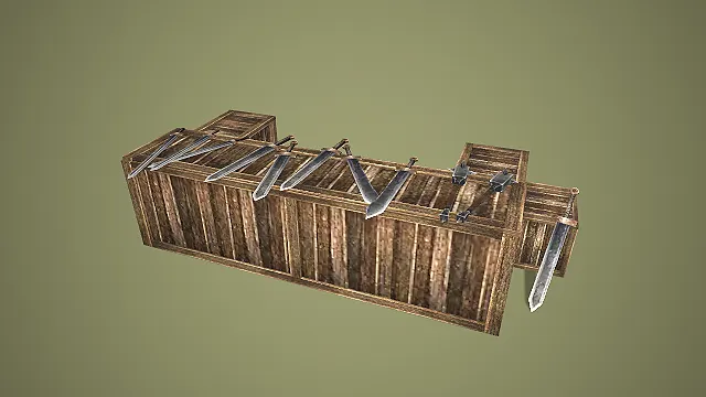 写实风格木质武器架与冷兵器 3D 模型 中世纪场景道具素材
