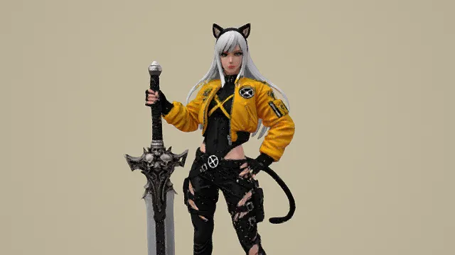 3D卡通风格猫耳女战士模型，创意设计（3D角色、卡通风格、角色设计主题）