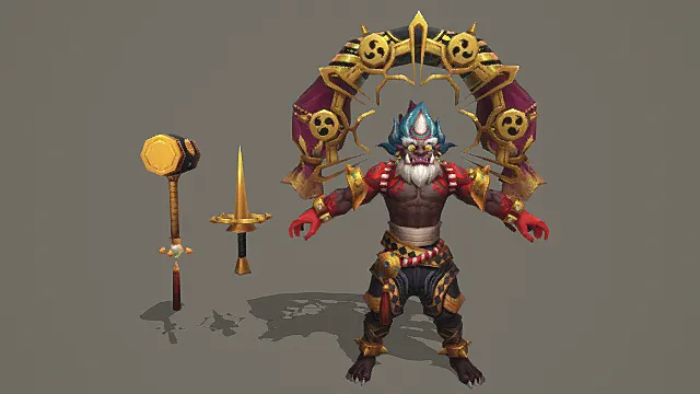 奇幻妖魔风格男性角色模型（金红黑配色华丽造型）