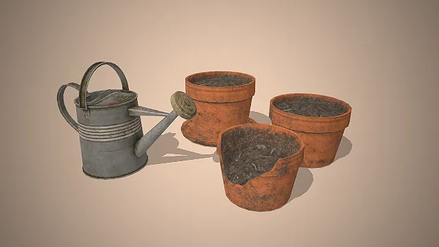 园艺工具组  金属洒水壶  陶土花盆  做旧磨损