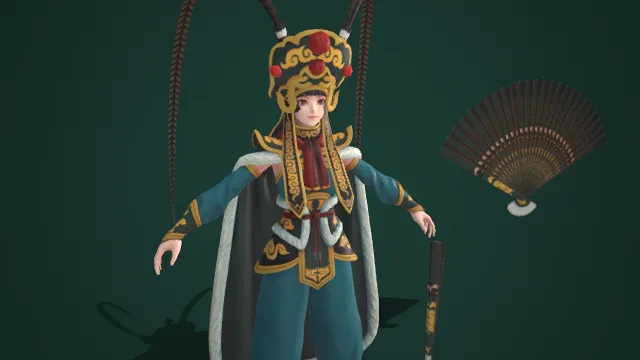 国风  古风装束  蓝金配色  金色兽纹  云纹绣样  翎羽冠帽  折扇  刺绣质感  传统戏曲