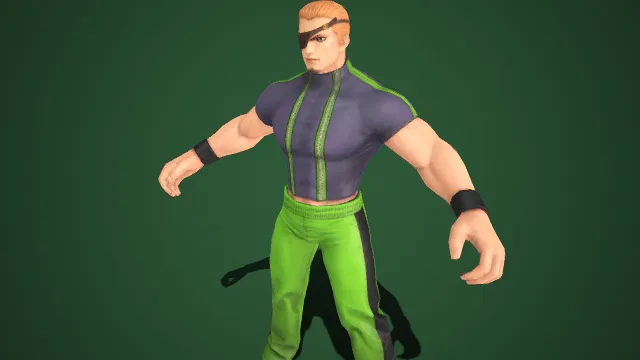 格斗游戏角色  运动风  金发  单眼眼罩  紫绿拼色  条纹装饰  潮流感  肌肉线条  