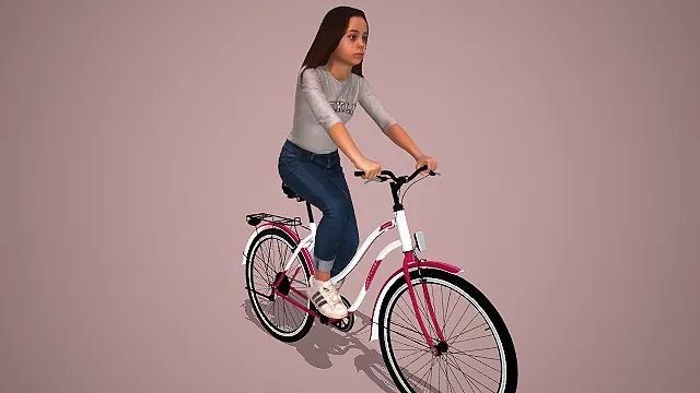 灰印字衫牛仔裤女孩骑粉白自行车休闲姿态 3D 模型
