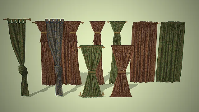 一组棕绿配色的写实风格复古窗帘组合模型