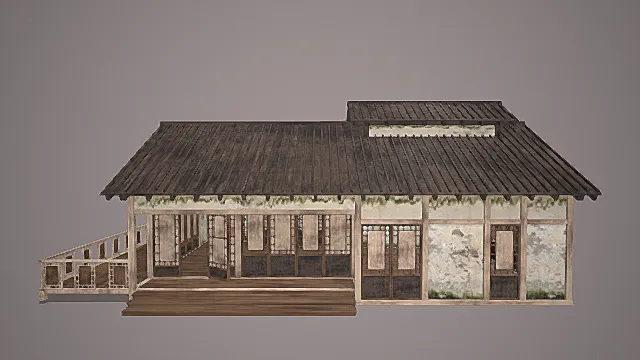 复古做旧中式单层建筑（带连廊与植被痕迹）