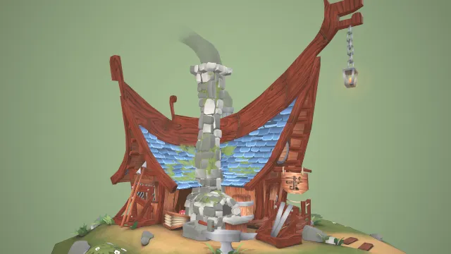 风格化铁匠村庄木屋建筑场景