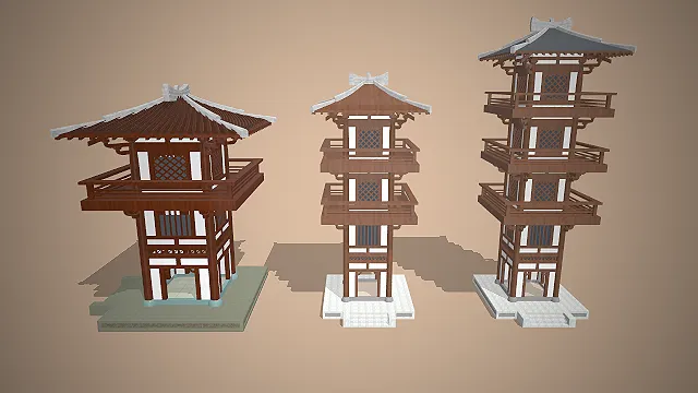 多层塔楼  菱形花格窗  飞檐屋顶  古建组