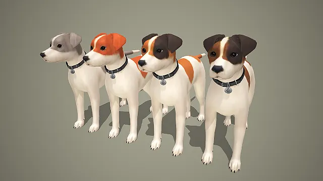 卡通杰克罗素梗犬 3D 模型 多色带项圈宠物犬角色素材包