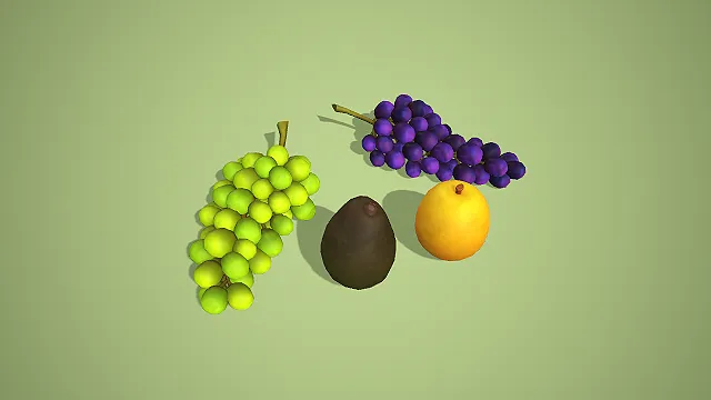 卡通风格双色葡萄牛油果梨组合 3D 低多边形美食场景装饰模型