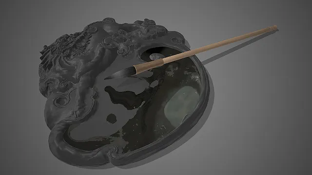 一套中式古典文房四宝龙纹雕花端砚的3D模型