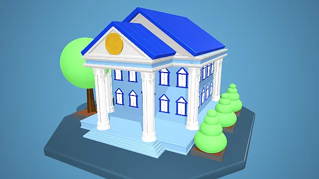 卡通风格古典柱廊式公共建筑 3D 低多边形场景装饰模型