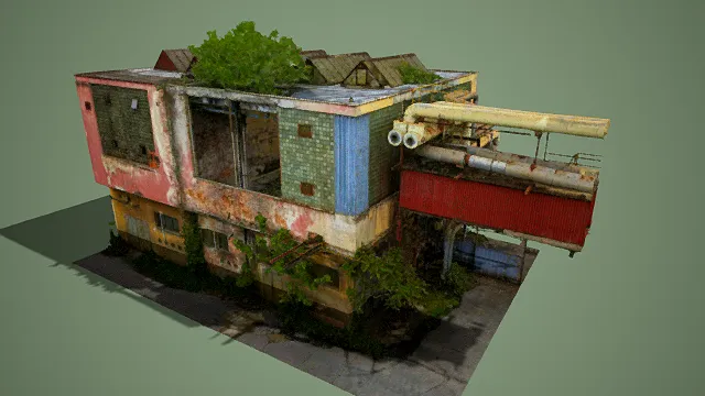 写实风格3D废弃工业建筑模型，创意设计（写实废弃工业建筑、3D模型、多彩斑驳色调、破损墙体与屋顶植被、管道与设备细节）