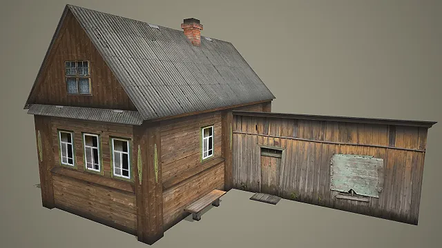 旧木房配封窗附屋及长凳的复古乡村民居 3D 模型