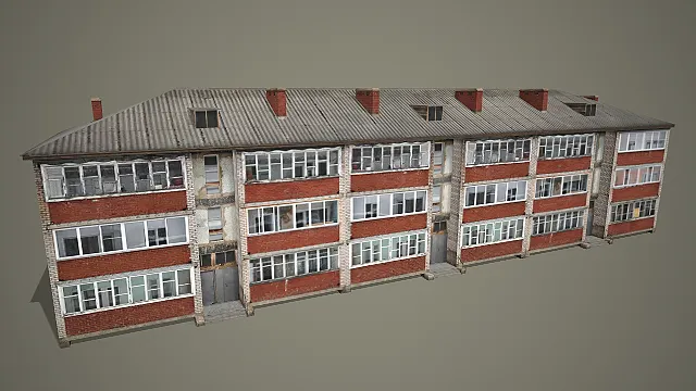 红砖面多层联排民居带铁皮屋顶多烟囱 3D 模型