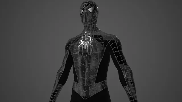 蜘蛛侠战衣  暗黑金属  紧身  蛛网纹理  亮面金属  冷峻酷感