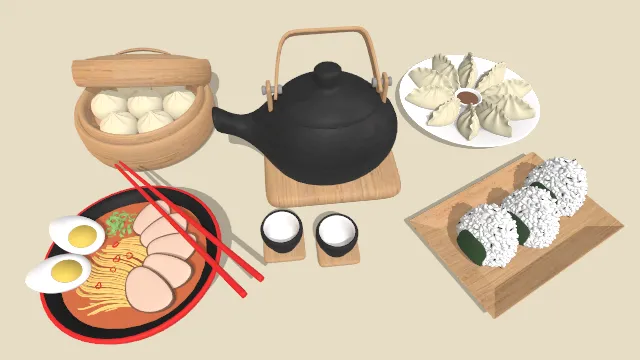 一堆食物有饭团饺子包子面条茶饮品