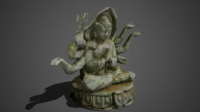 禅坐姿态  青苔覆身多臂佛  石佛造像  莲台  螺髻清晰  双目微阖慈悲