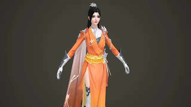 古风仙侠风格橙衣侠女角色游戏 NPC 模型