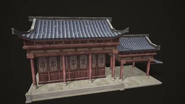 带连廊的中式雕花木门古建筑