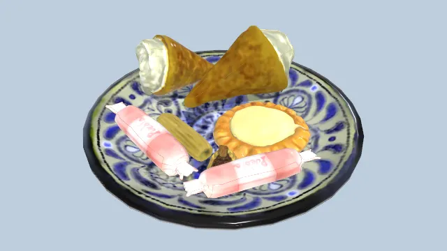 特色甜点有糖果饼干零食装在青花瓷盘子里