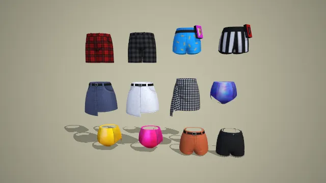 格纹短裤与牛仔裙及炫彩拼色裤裙十二件套 3D 模型