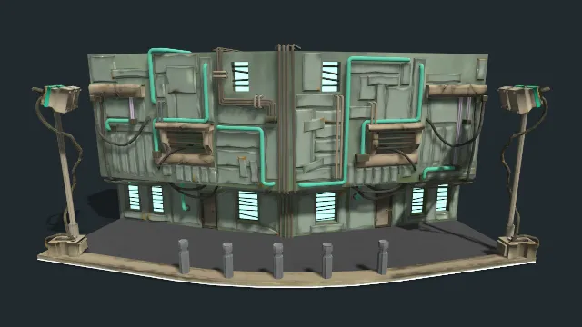 赛博朋克风格工业建筑道路路灯墙壁场景