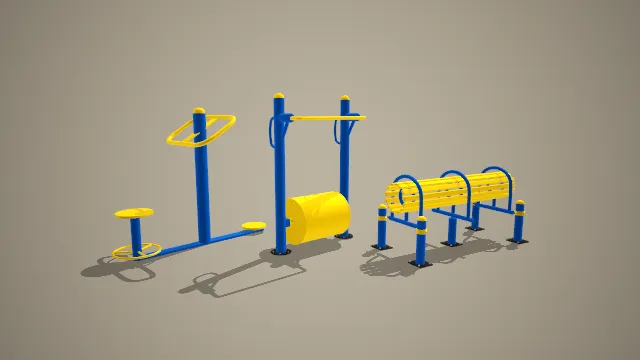 蓝黄配色三人扭腰器、滚轮机与腰背按摩器组合 3D 模型