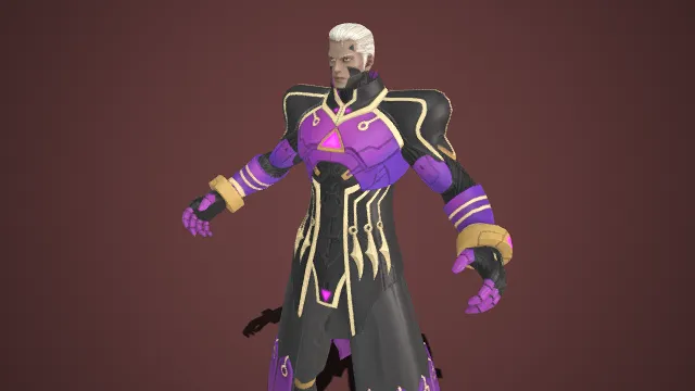 暗黑  科技风格  反派游戏角色  异纹  黑紫机甲质感长袍  尖刺裙摆  黑紫金主色  