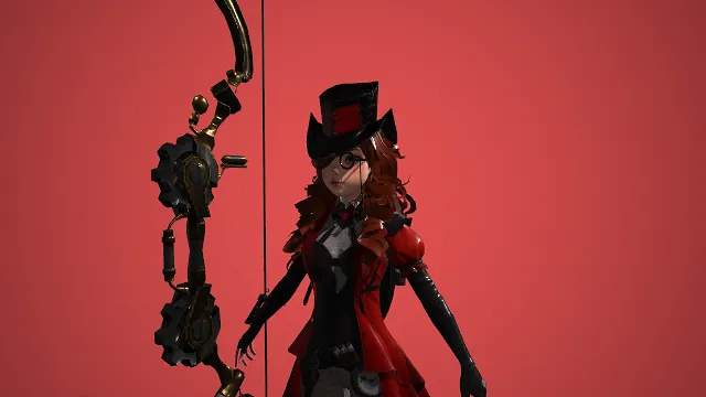 蒸汽朋克  3D 游戏角色  黑红高顶礼帽  少女形象  长弓  精致复古