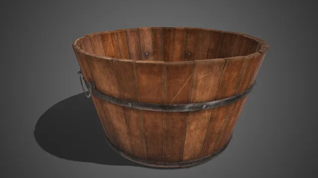 复古风格  木桶  自然木纹  使用磨损痕迹  金属提手  传统木质容器  耐用实用