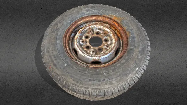 破旧的车轮子低多边形模型