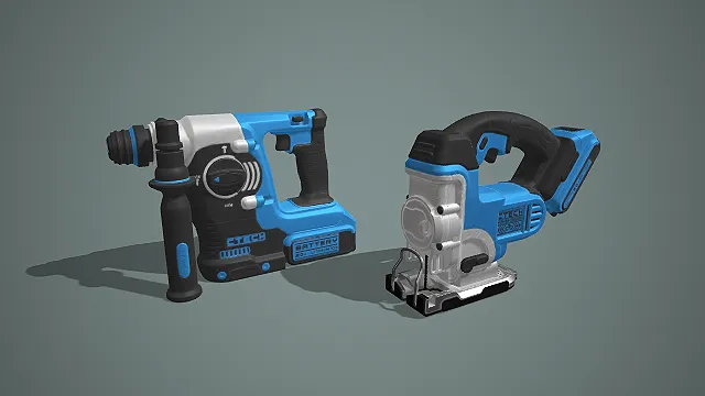 蓝黑配色锂电冲击钻与曲线锯组合施工电动工具 3D 模型