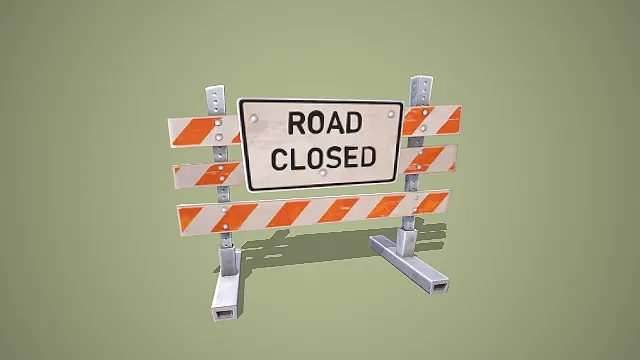 带 ROAD CLOSED 标识的道路封闭警示护栏模型