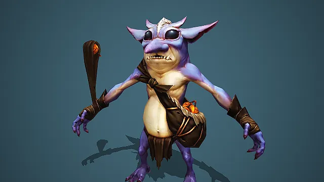 卡通 Q 版紫皮尖耳哥布林背布袋拿木杖 3D 游戏小怪模型