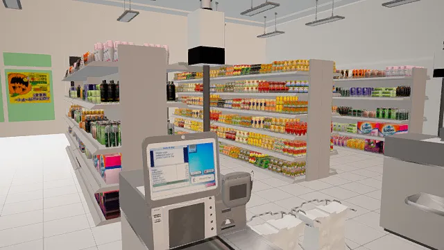   写实风格3D超市收银区模型，创意设计（写实超市收银区、3D模型、灰白彩主色调、收银设备、货架、各类商品、明亮灯光）