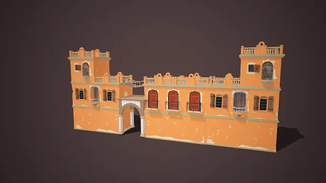 低多边形  地中海风情  双层联排建筑  拱形阳台  廊桥  暖色调  