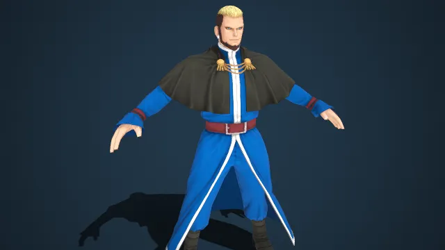 贵族风格  男性角色模型  金发侧分  威严沉稳  金链装饰  蓝袍白边  权谋武侠类