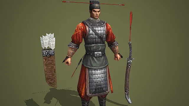 穿红褐战袍的 “天” 字营士兵古风游戏角色模型