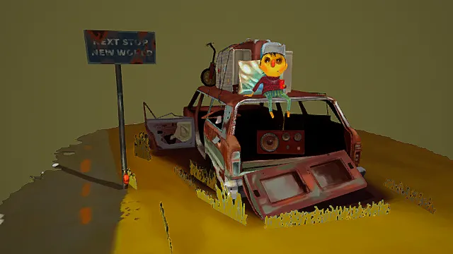 卡通风格3D冒险汽车场景模型，创意设计（卡通冒险汽车、3D模型、破旧汽车、卡通人物、道路场景、灰色背景、独特氛围 