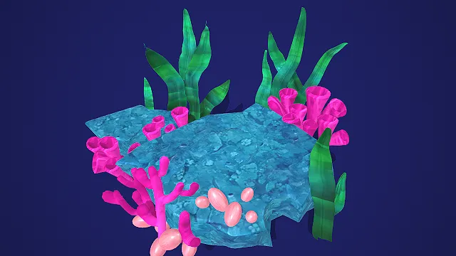 清新卡通海底岩礁场景  蓝纹岩石基底  荧光绿海草装饰  自然生态