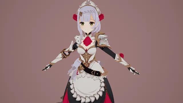 3D奇幻风女仆装女性角色模型，创意设计（3D女性角色、奇幻风格、女仆裙、金色护甲、游戏风、魔幻美学、角色设计感）