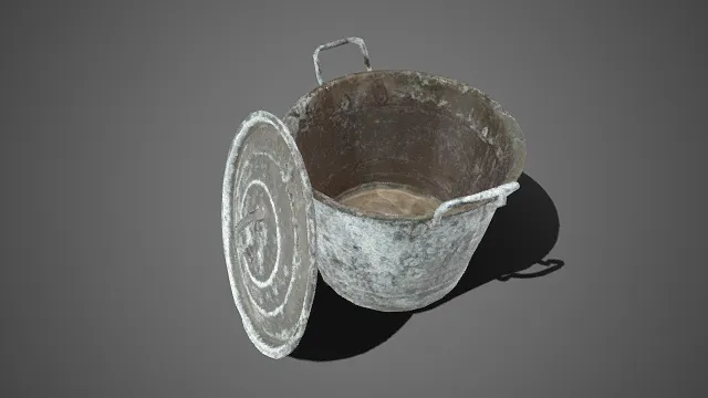 铁皮带盖桶  双耳提手  造型粗犷  金属材质  厚重的锈迹与斑驳痕迹  工具桶