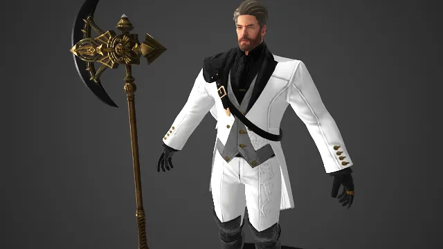 优雅  白礼服  鎏金巨斧  贵族精致  华丽纹路  黑金白配色  贵族战将  