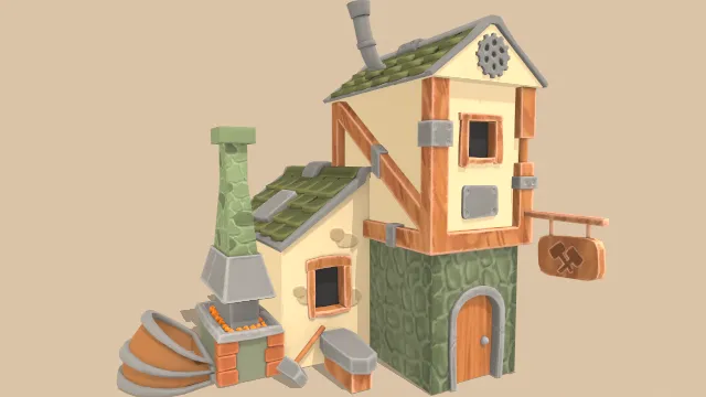 卡通风格化等距建筑铁匠房屋场景