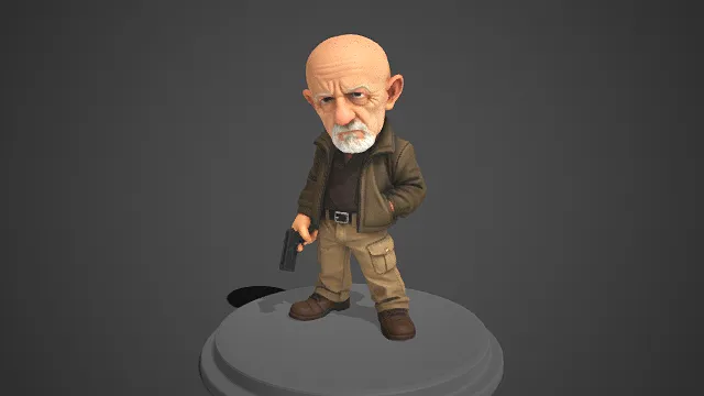 Q 版   手办  老者形象  布满皱纹  硬汉  夹克工装裤  手枪  